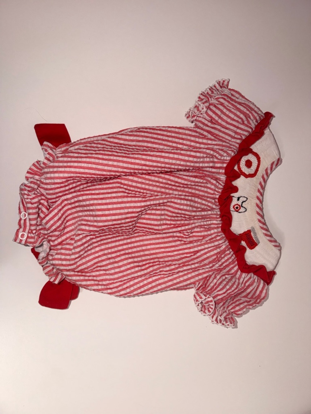 Red & White Striped Baby Romper with Embroidered Detail